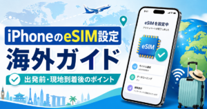 iPhoneの海外eSIM設定ガイドを示すアイキャッチ画像。スマートフォン、世界地図、飛行機、スーツケースとともに出発前・現地到着後の設定ポイントを表現