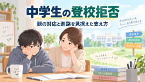 中学生の登校拒否に悩む親子が自宅で向き合い、高校進学や通信制高校など将来の選択肢を考えるイラスト