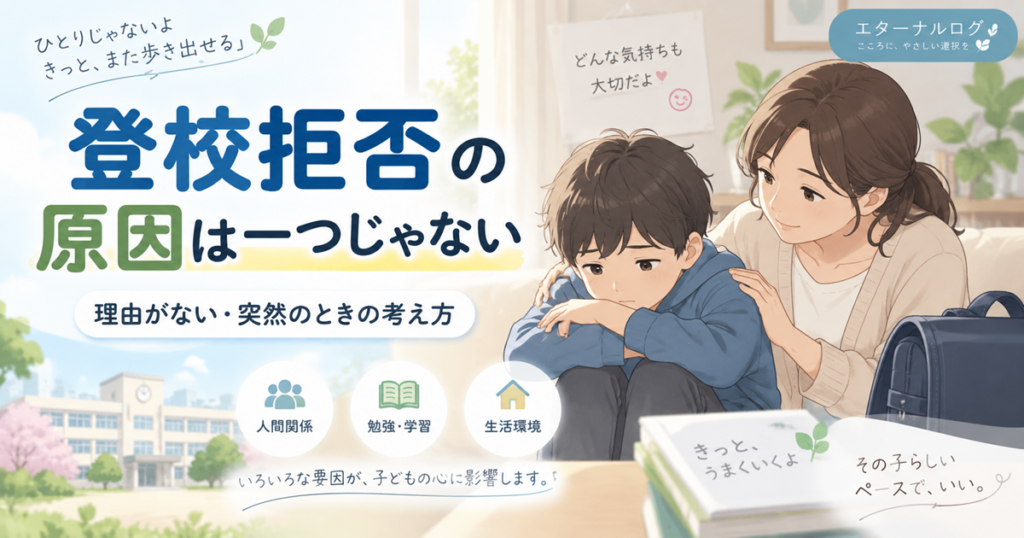 登校拒否の原因は一つではないことをテーマに、学校へ行くことに悩む子どもに寄り添う母親と、人間関係・勉強・生活環境など複数の要因を示したイラスト