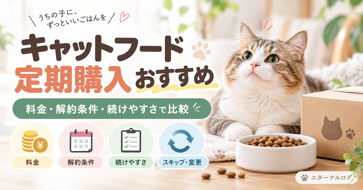 キャットフードの定期購入を料金・解約条件・続けやすさ・スキップ変更で比較するイメージ。猫とフード、定期配送の箱を掲載